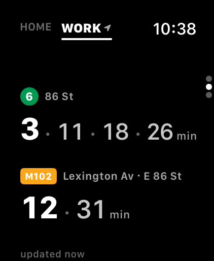 Actual later-arrivals screen: train arrivals in 3, 11, 18 and 26 minutes, bus arrivals in 12 and 31 minutes